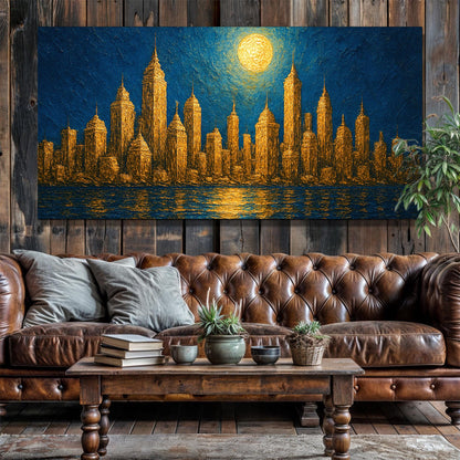 Golden Metropolis Cityscape Impasto Canvas by Tailored Canvases; gilded skyline on blue night on Tampa Home & Garden Store