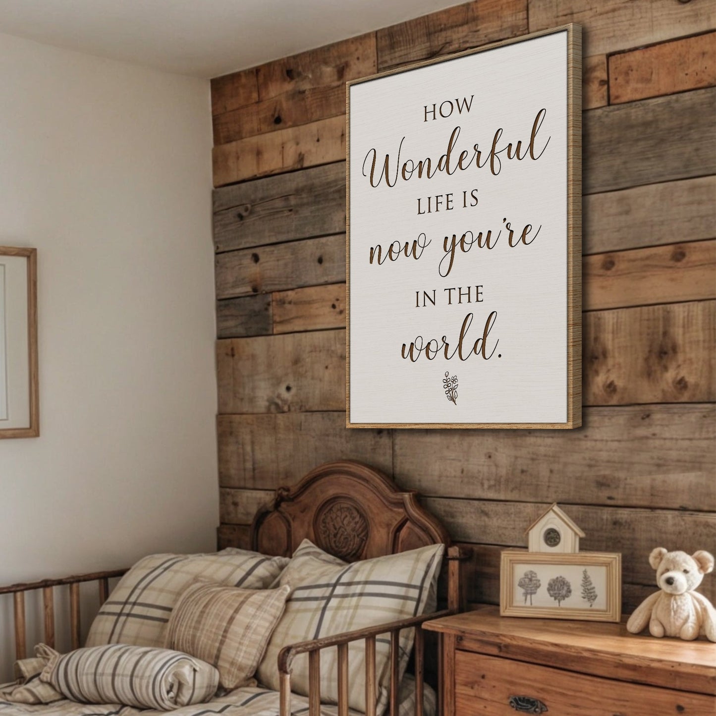 Nursery sign canvas How Wonderful Life Is II Tailored Canvases white with brown script wood frame on Tampa Home & Garden Store