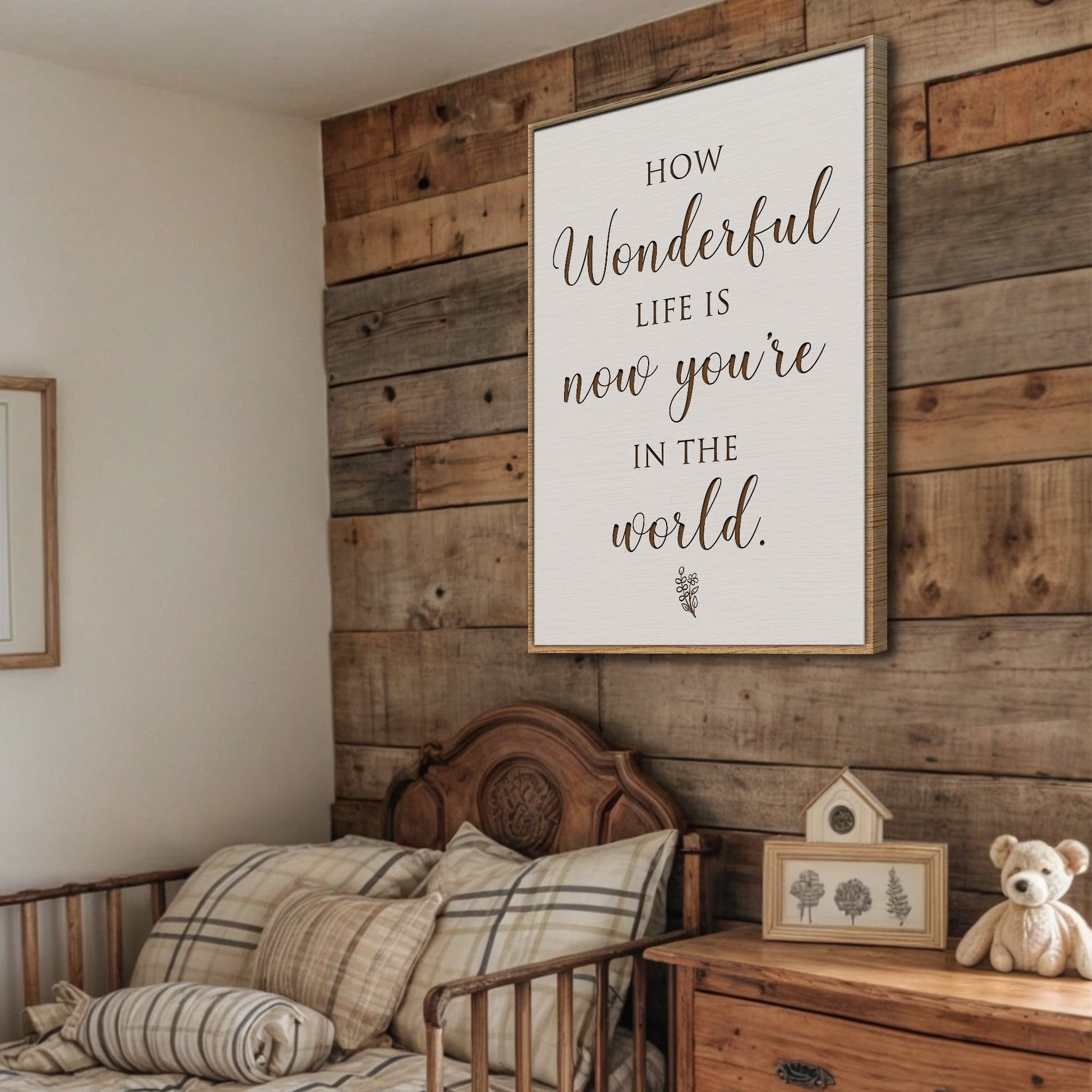 Nursery sign canvas How Wonderful Life Is II Tailored Canvases white with brown script wood frame on Tampa Home & Garden Store