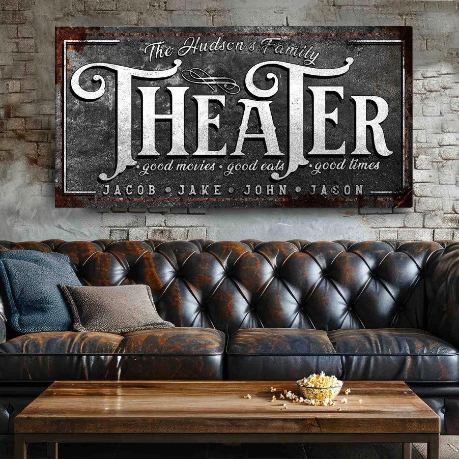 Theater Sign V canvas by Tailored Canvases, framed crafting canvas above tufted leather sofa on Tampa Home & Garden Store