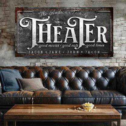 Theater Sign V canvas by Tailored Canvases, framed crafting canvas above tufted leather sofa on Tampa Home & Garden Store