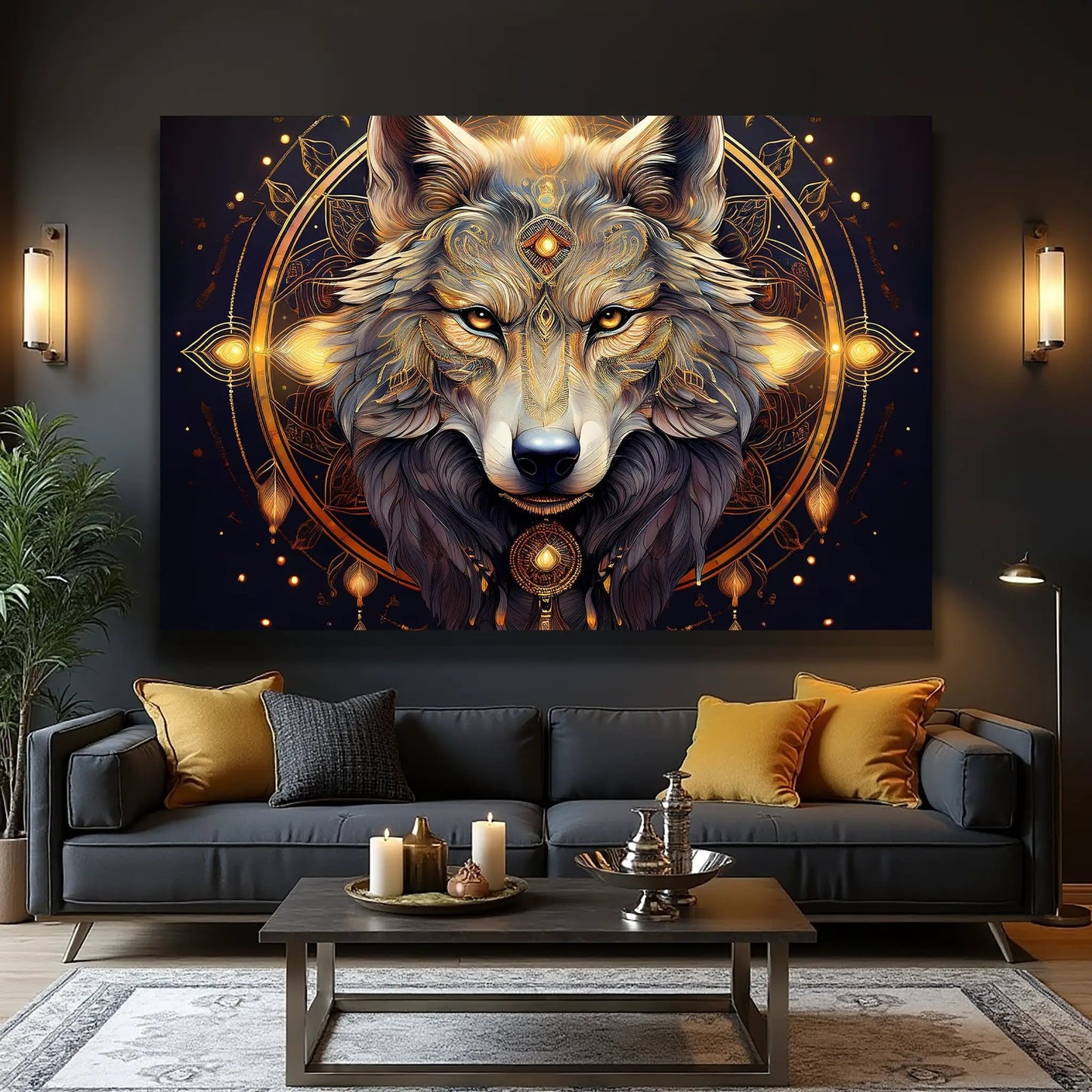 Wolf Head Wall Art canvas with gold mandala and wolf head on dark navy background on Tampa Home & Garden Store