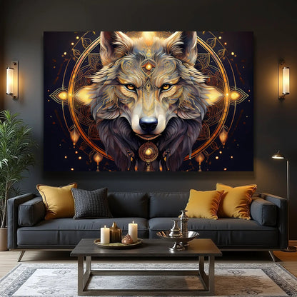 Wolf Head Wall Art canvas with gold mandala and wolf head on dark navy background on Tampa Home & Garden Store