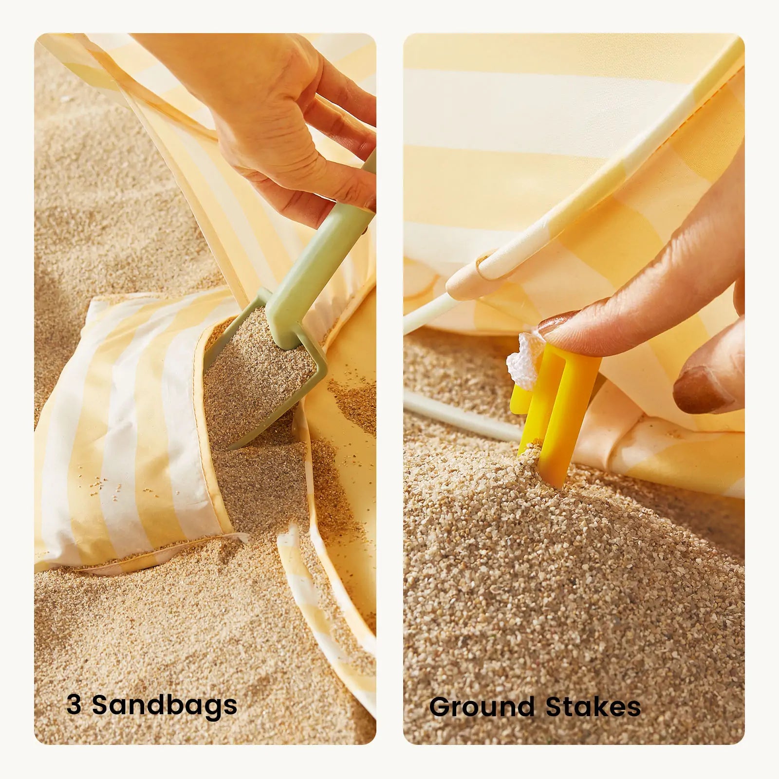 Tiny Land One-Stop Beach Toy & Tent Set yellow striped beach tent with ground stakes and 3 sandbags on sand on Tampa Home & Garden Store