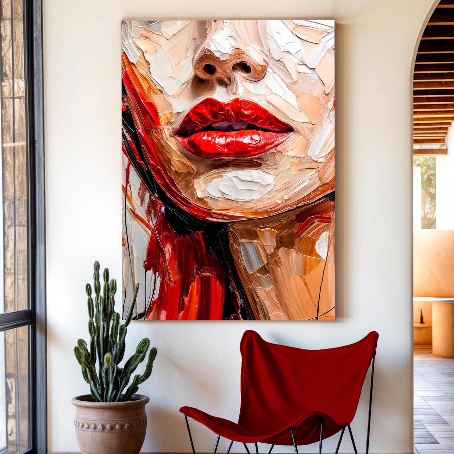 Canvas: Contemporary Minimalist Abstract Wall Art II with textured beige white and red strokes on Tampa Home & Garden Store