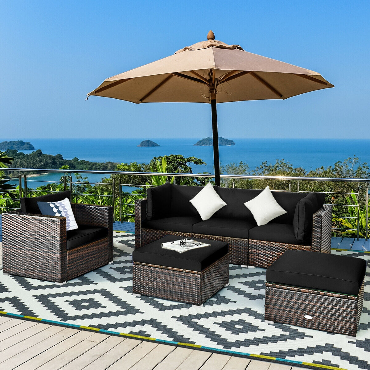 Juego de muebles de patio de ratán de 6 piezas con cojín seccional - Negro