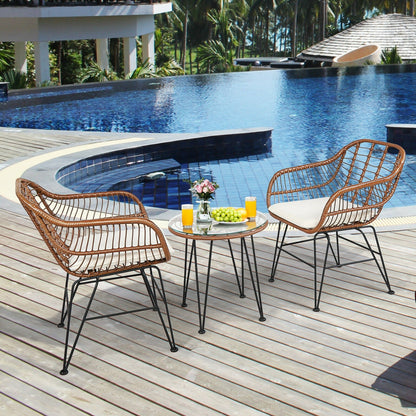 DirectDeals 3-Piece Rattan Bistro Set with Cushions and Glass Table on pool deck on Tampa Home & Garden Store