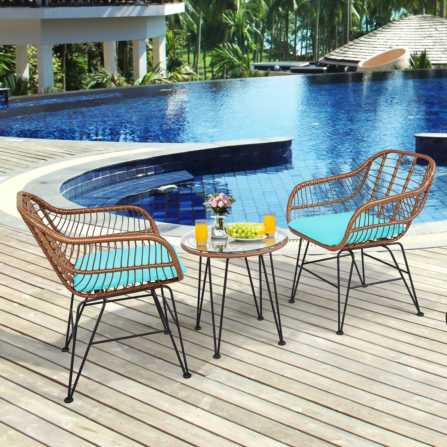 DirectDeals 3-Piece Rattan Bistro Set with turquoise cushions and glass-top table for patio on Tampa Home & Garden Store