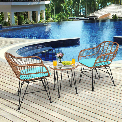 DirectDeals 3-Piece Rattan Bistro Set with turquoise cushions and glass-top table for patio on Tampa Home & Garden Store