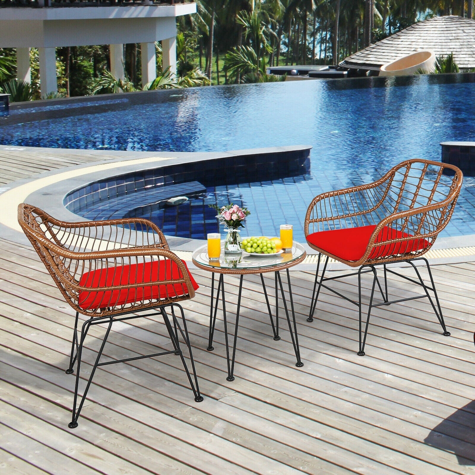 3-Piece Rattan Bistro Set with Cushions and Glass Table; 2 wicker chairs with red cushions on Tampa Home & Garden Store