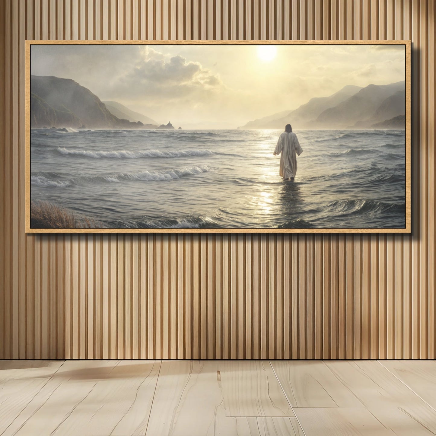 Walking on Water Faith Wall Art IX canvas by Tailored Canvases, soft light in wood frame on Tampa Home & Garden Store