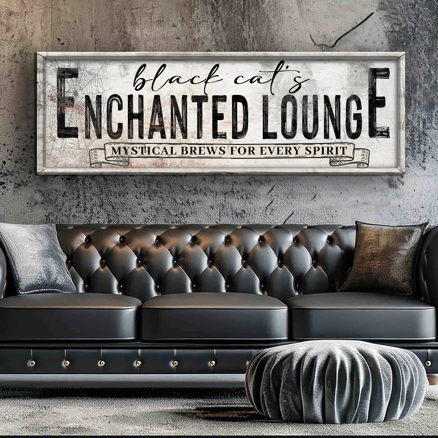 Canvas sign Black Cat's Enchanted Lounge Halloween Sign III with white bg and bold type on Tampa Home & Garden Store