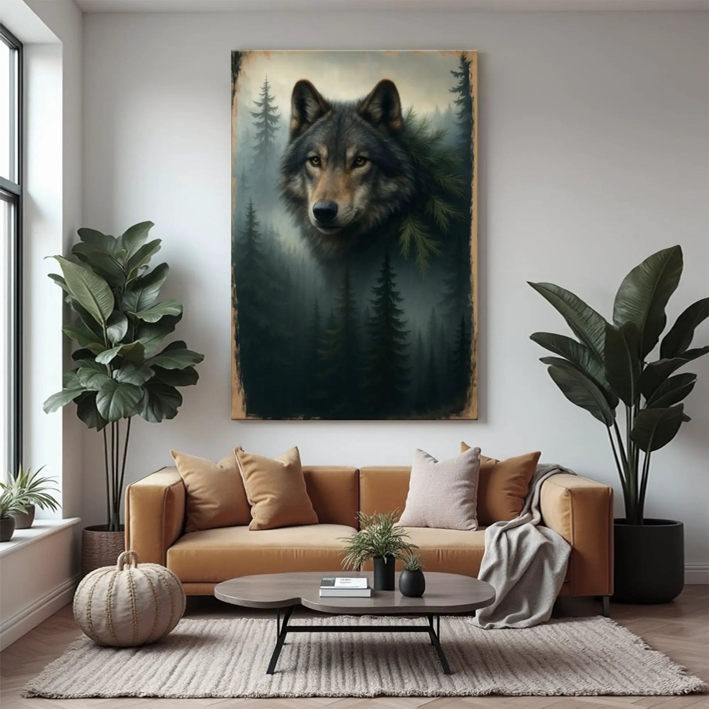 Wolf Double Exposure Wall Art V canvas by Tailored Canvases showing a wolf in a misty forest on Tampa Home & Garden Store