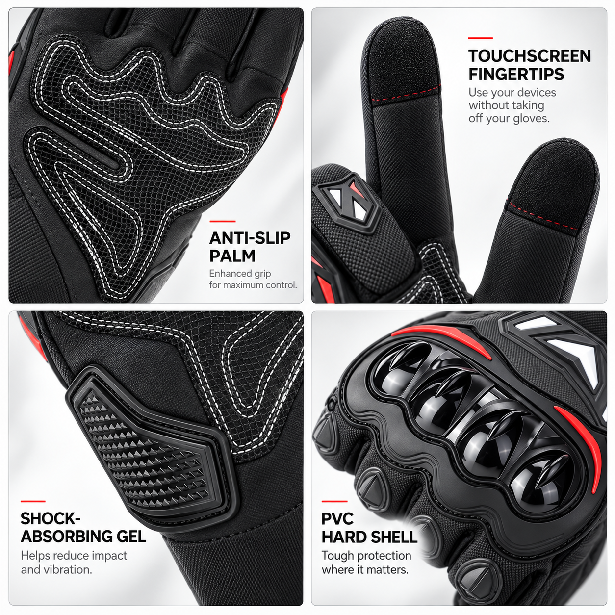 BikerZoneZ Summer Riding Gloves with hard knuckle protection, anti-slip palm, touchscreen on Tampa Home & Garden Store