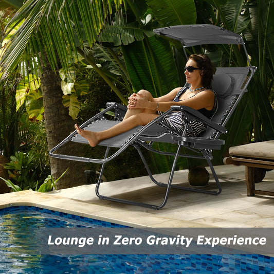 Folding Recliner Lounge Chair with Shade Canopy Cup Holder - Tampa Home & Garden Store