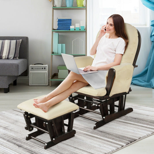 Wood Glider and Ottoman Set with Padded Armrests and Detachable Cushion-Beige - Tampa Home & Garden Store