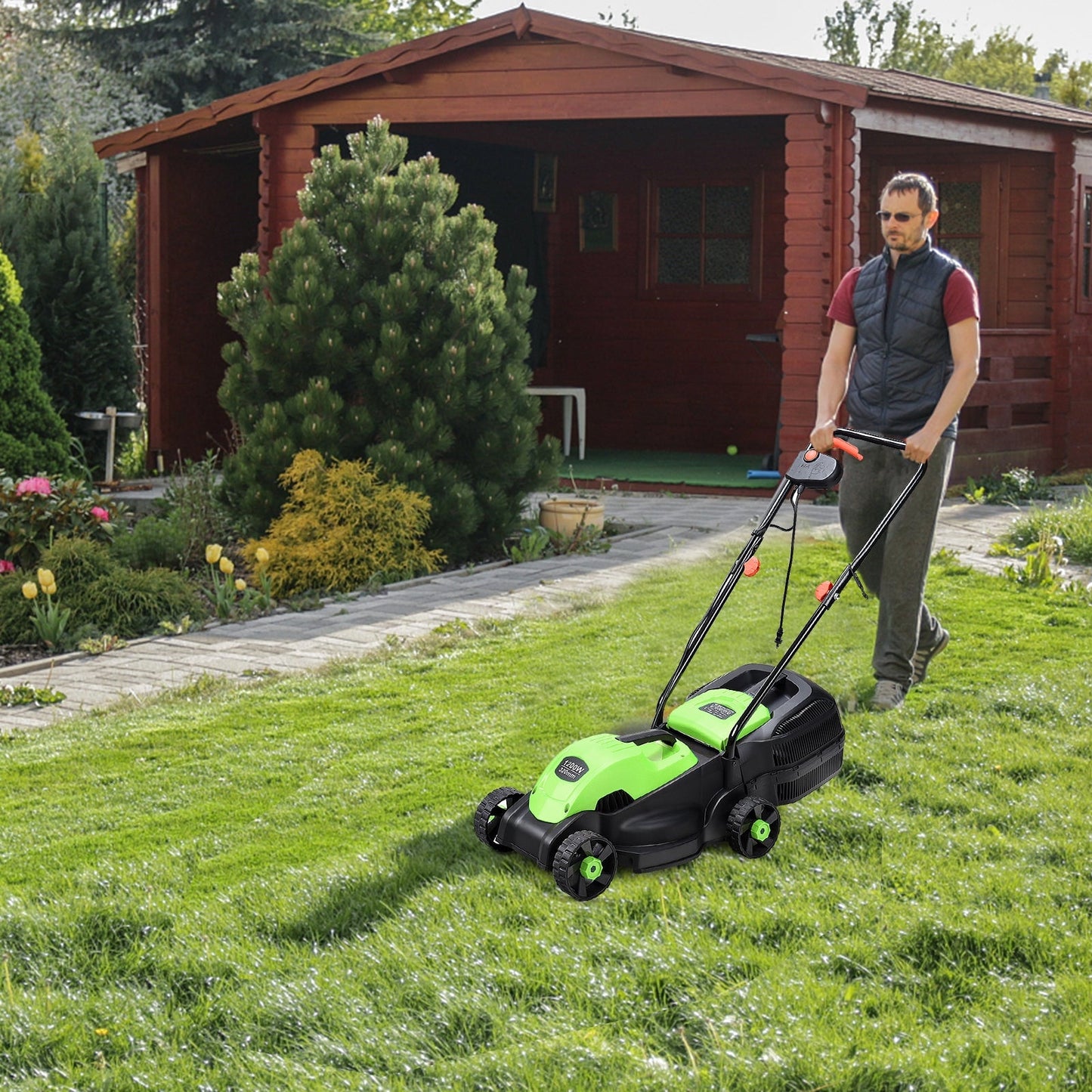 Cortacésped eléctrico con cable de empuje de 13 pulgadas con bolsa recolectora de hierba - Verde