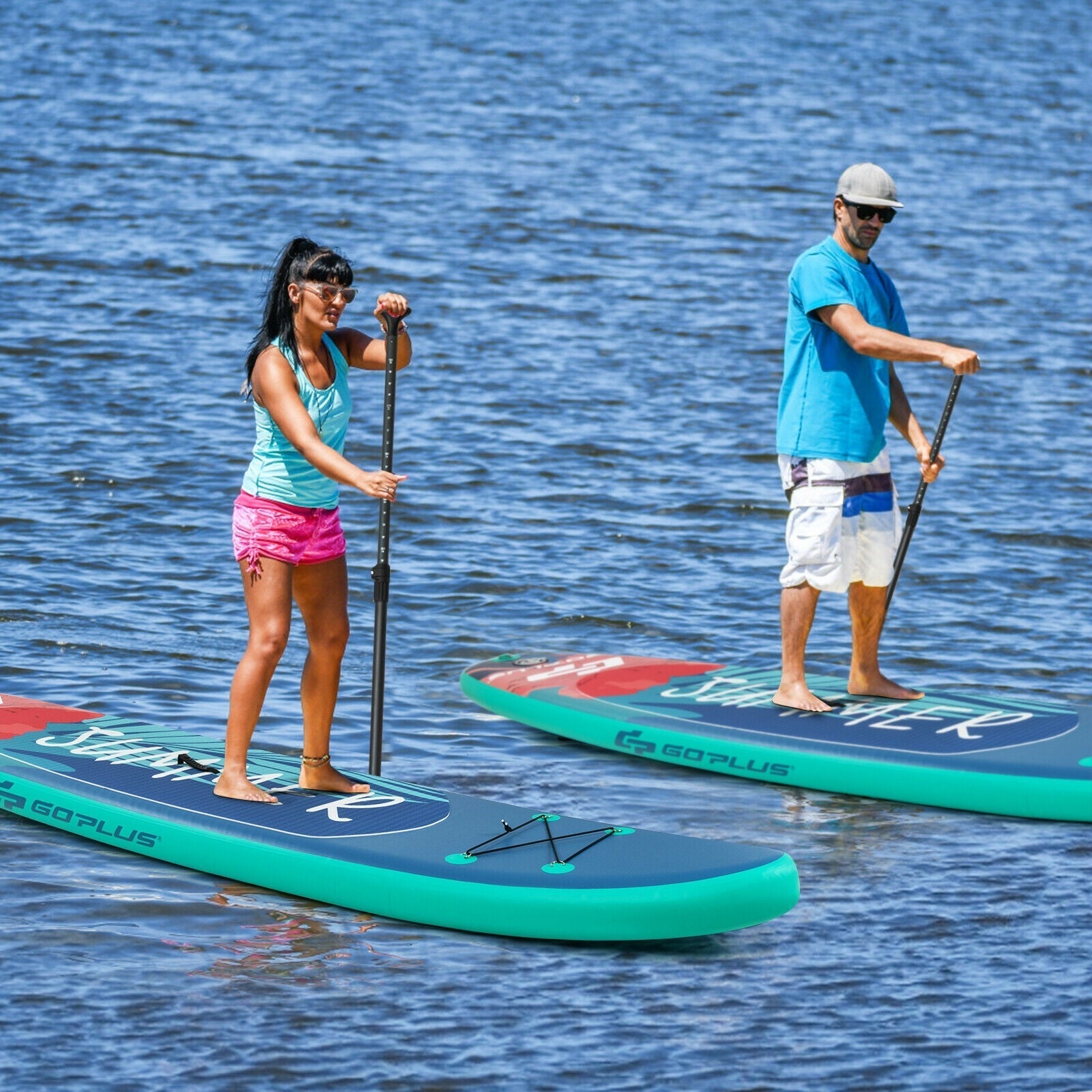 GemGear 10ft inflatable paddle board with backpack leash and aluminum paddle; two riders on Tampa Home & Garden Store