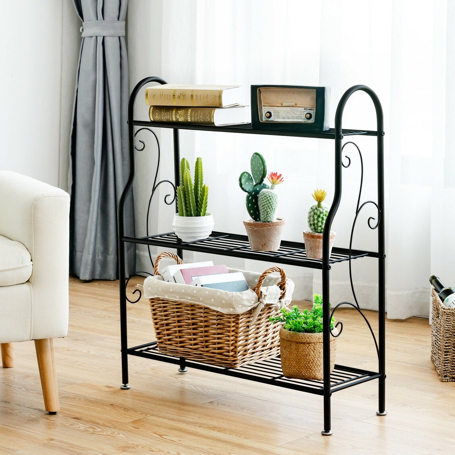 Estante de metal para plantas con diseño de pergaminos de 3 niveles - Negro