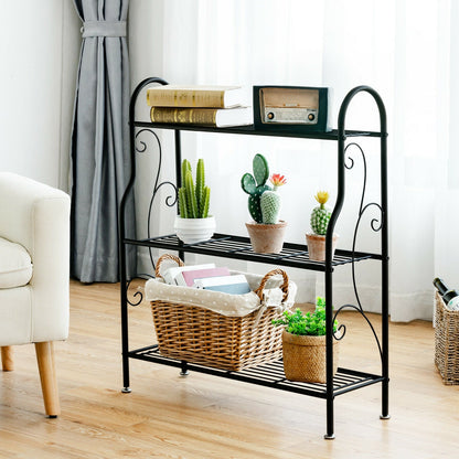 Estante de metal para plantas con diseño de pergaminos de 3 niveles - Negro
