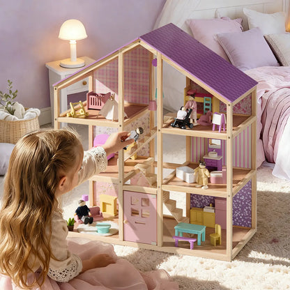 Tiny Land Sweetwood Unicorn Dollhouse with purple roof and pink decor, wooden frame and dolls on Tampa Home & Garden Store