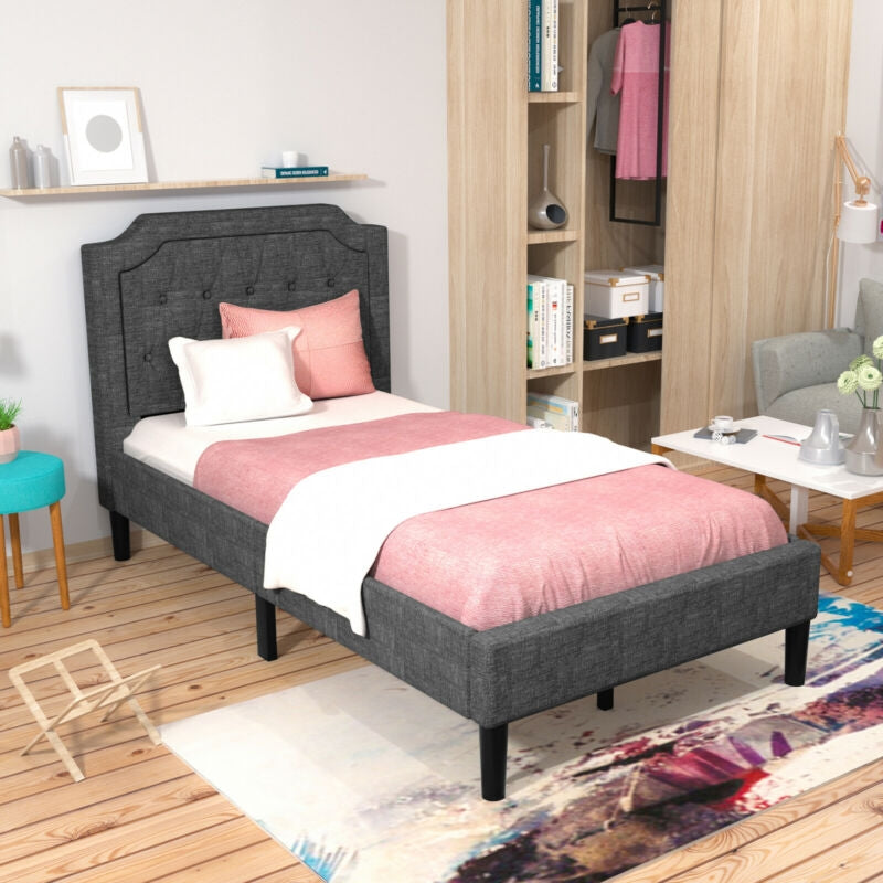Cama Plataforma Tapizada Gemela de Lino con Cabecero y Base de Colchón