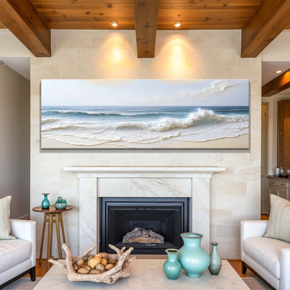 Ocean wave seascape canvas wall art blue tones above living room fireplace Tailored Canvases on Tampa Home & Garden Store