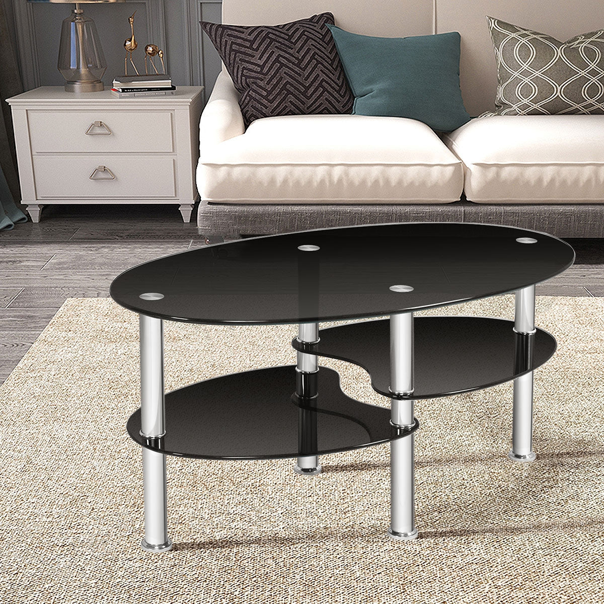 Mesa auxiliar de centro ovalada de cristal templado - Negra