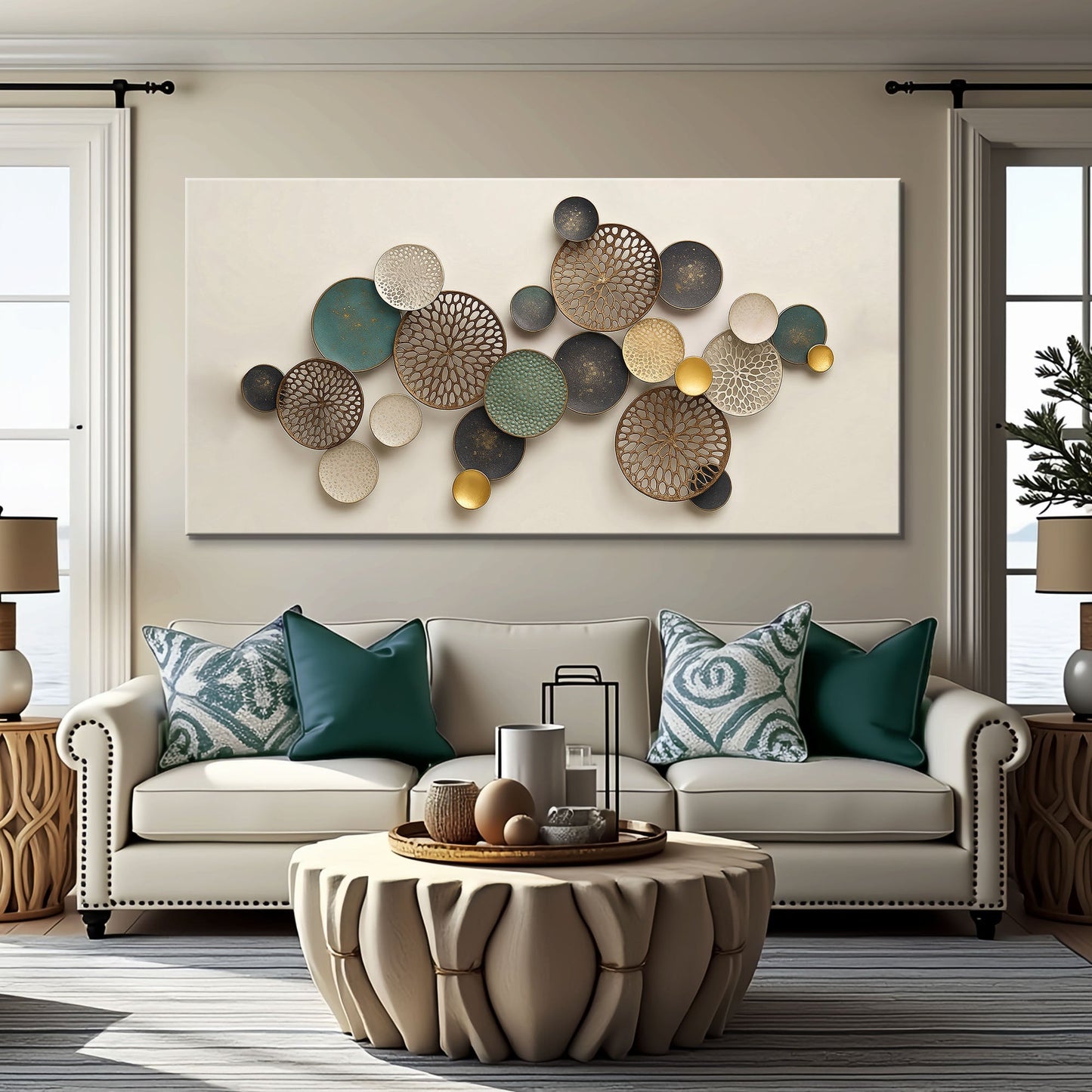 Lotus Leaf Abstract Wall Art II canvas with overlapping circular discs in teal bronze and gold on cream backdrop on Tampa Home & Garden Store