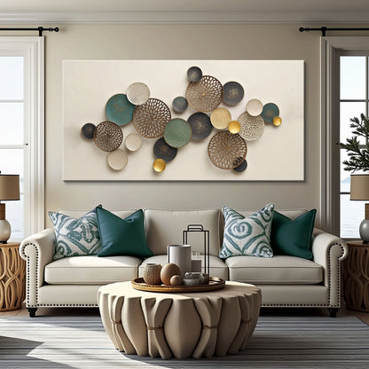 Lotus Leaf Abstract Wall Art II canvas with overlapping circular discs in teal bronze and gold on cream backdrop on Tampa Home & Garden Store