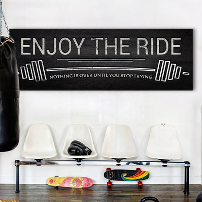Enjoy The Ride gym sign canvas with black chalkboard finish, white lettering and pink underline on Tampa Home & Garden Store