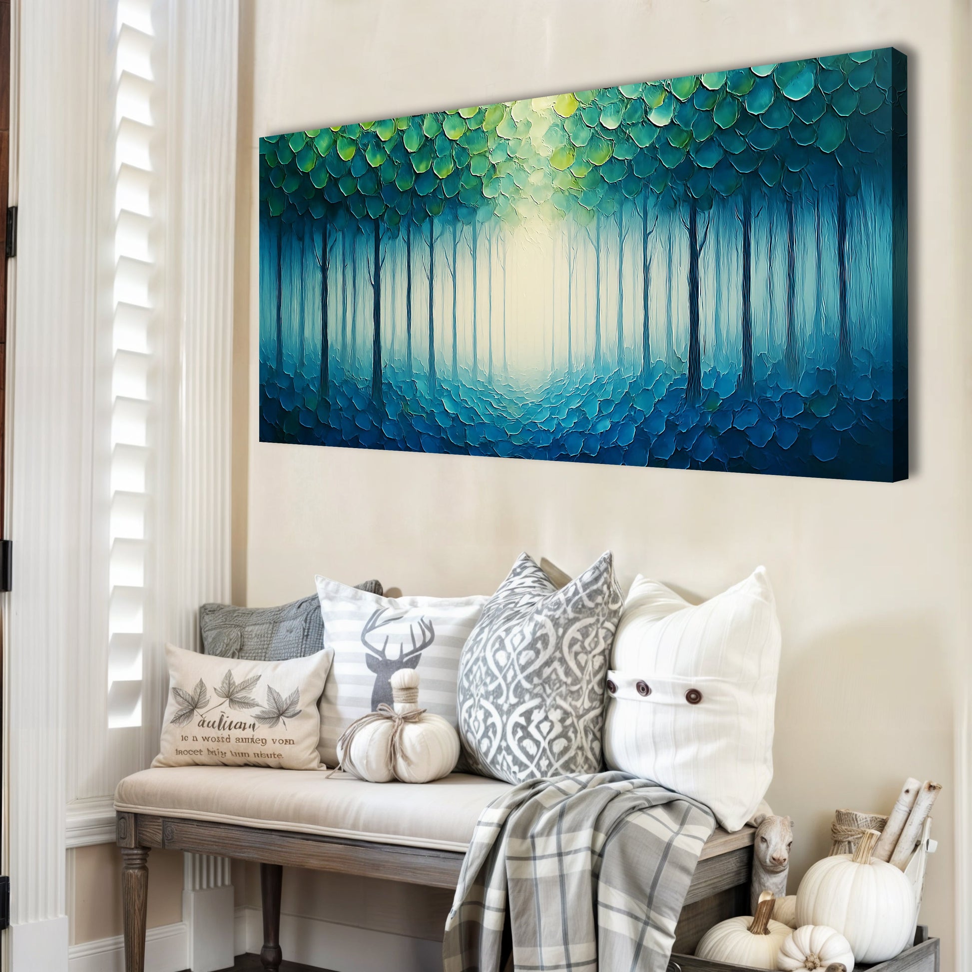 Forest Whispers Impasto Canvas teal-blue forest leaves texture by Tailored Canvases on Tampa Home & Garden Store
