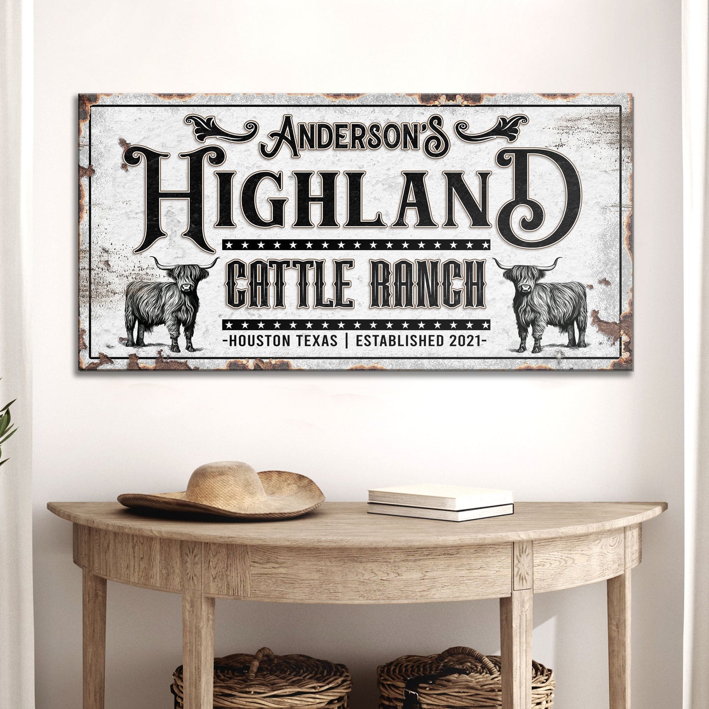 Personalized Highland Cattle Ranch Sign canvas with distressed metal look and bold lettering on Tampa Home & Garden Store