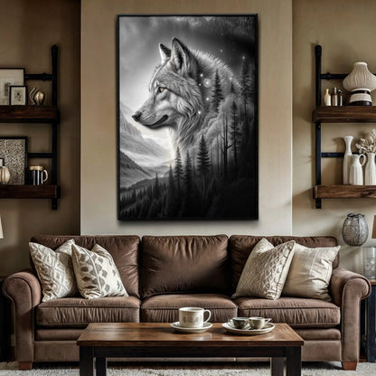 Wolf Double Exposure Wall Art II canvas; black-and-white wolf with forest backdrop framed on Tampa Home & Garden Store
