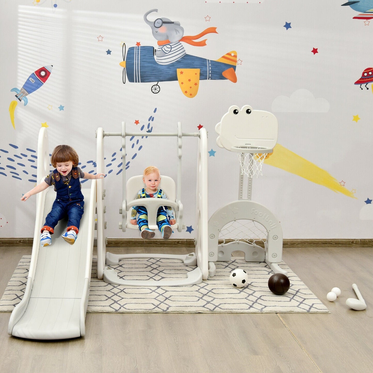 6 in 1 Toddler Slide and Swing Set with Ball Games