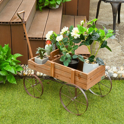 Wooden Wagon Plant Bed With Wheel for Garden Yard-Brown