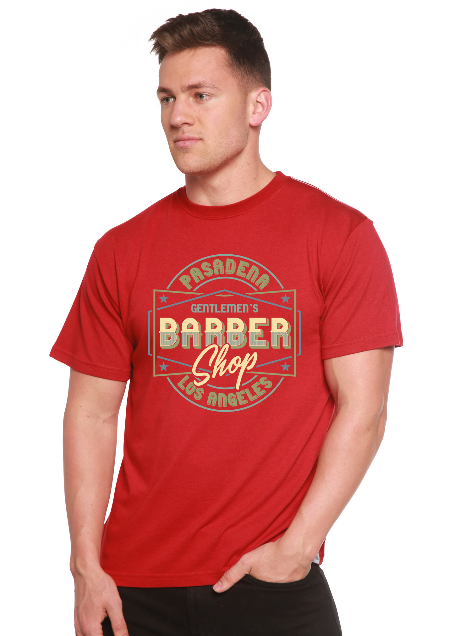 Gentlemen's Barber Shop red graphic tee, bamboo viscose/cotton on Tampa Home & Garden Store