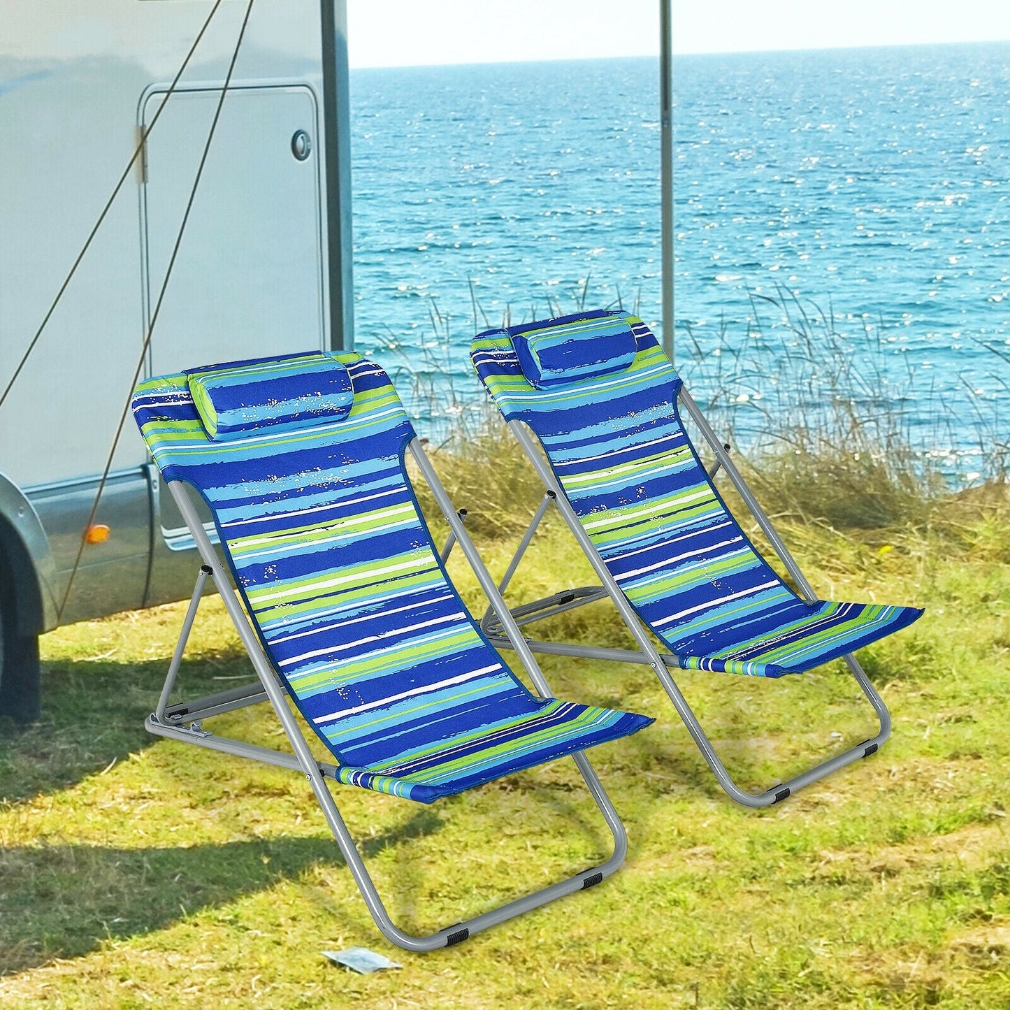 Juego de 2 sillas de playa portátiles con reposacabezas - Azul