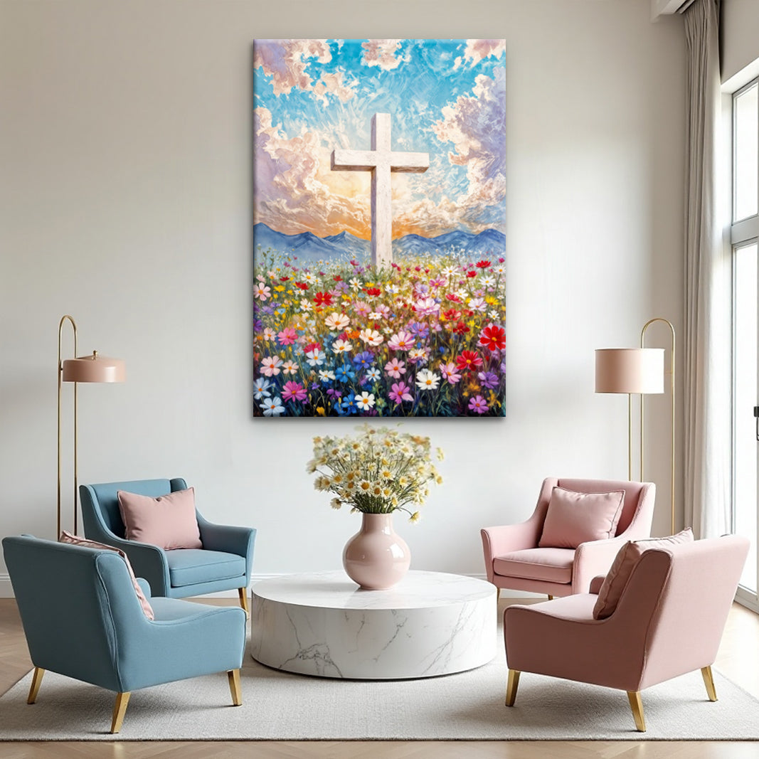 Cross Floral Field Faith Wall Art II canvas Tailored Canvases white cross amid wildflowers on Tampa Home & Garden Store