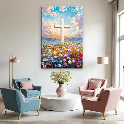 Cross Floral Field Faith Wall Art II canvas Tailored Canvases white cross amid wildflowers on Tampa Home & Garden Store