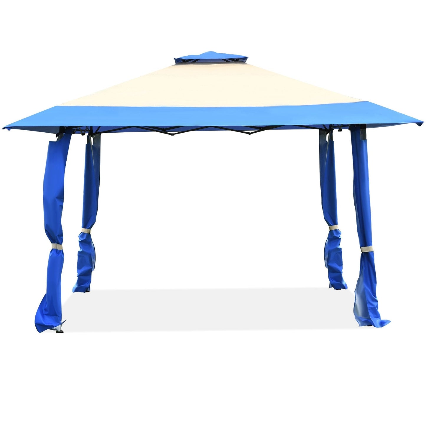 GemGear 13x13 ft pop up canopy tent with beige center and blue trim folding frame on Tampa Home & Garden Store