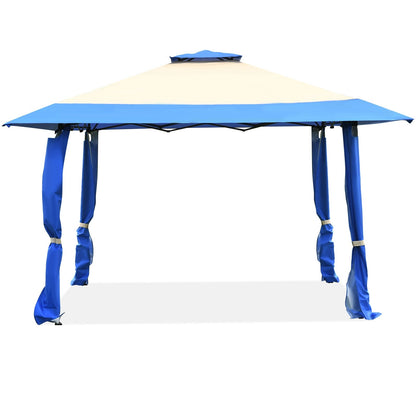 GemGear 13x13 ft pop up canopy tent with beige center and blue trim folding frame on Tampa Home & Garden Store