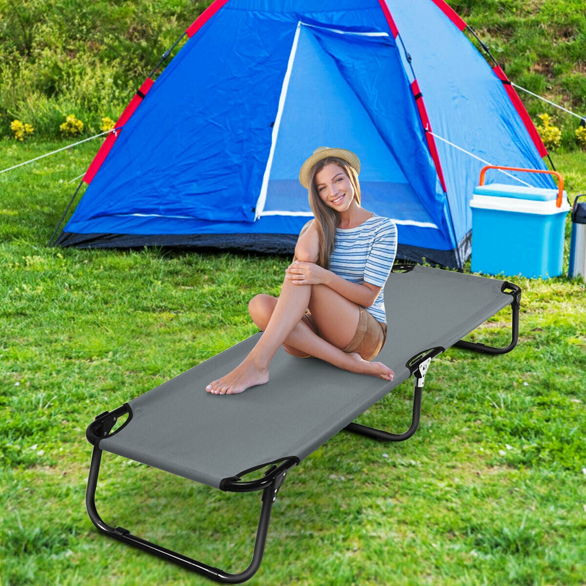 GemGear outdoor folding camping bed cot gray fabric on black frame on Tampa Home & Garden Store