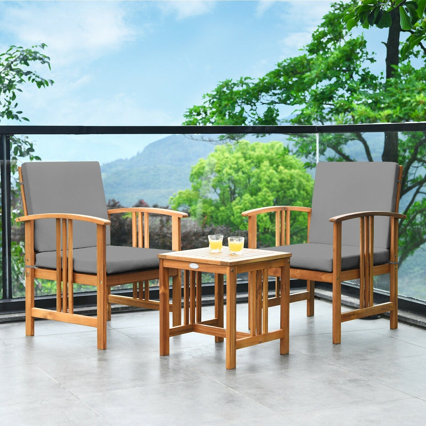 Juego de muebles de sofá para patio exterior de madera maciza de 3 piezas - Gris