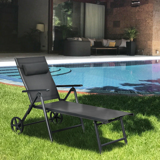 Patio Lounge Chair with Wheels Neck Pillow Aluminum Frame Adjustable-Gray - Tampa Home & Garden Store