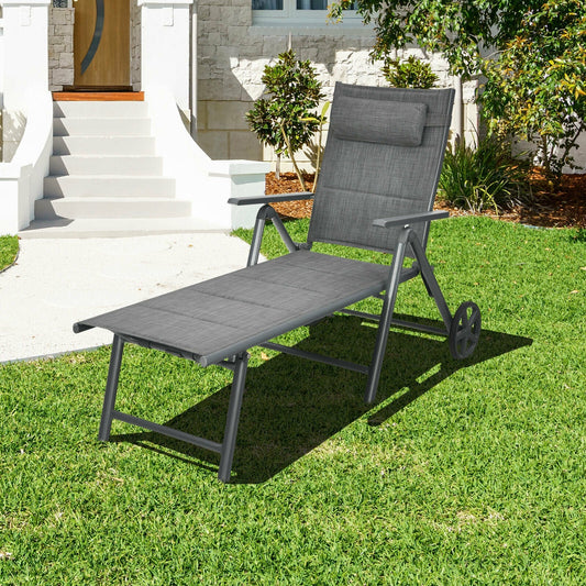 Patio Reclining Chaise Lounge with Adjust Neck Pillow-Gray - Tampa Home & Garden Store