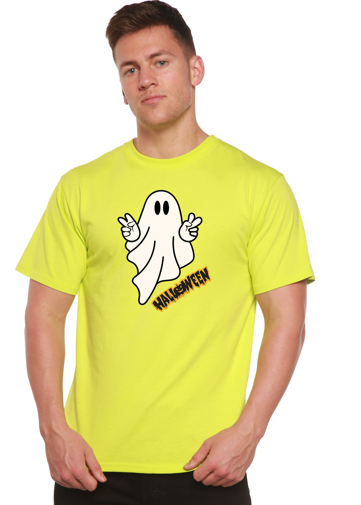 Halloween Ghost graphic T-shirt neon lime bamboo viscose/organic cotton by Spun Bamboo on Tampa Home & Garden Store