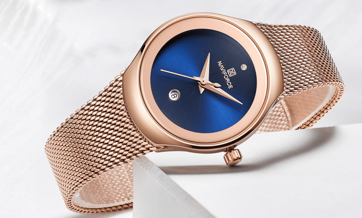 Women's stainless steel watch with braided rose-gold bracelet blue dial Stevvex ST1N1700ZC7 on Tampa Home & Garden Store