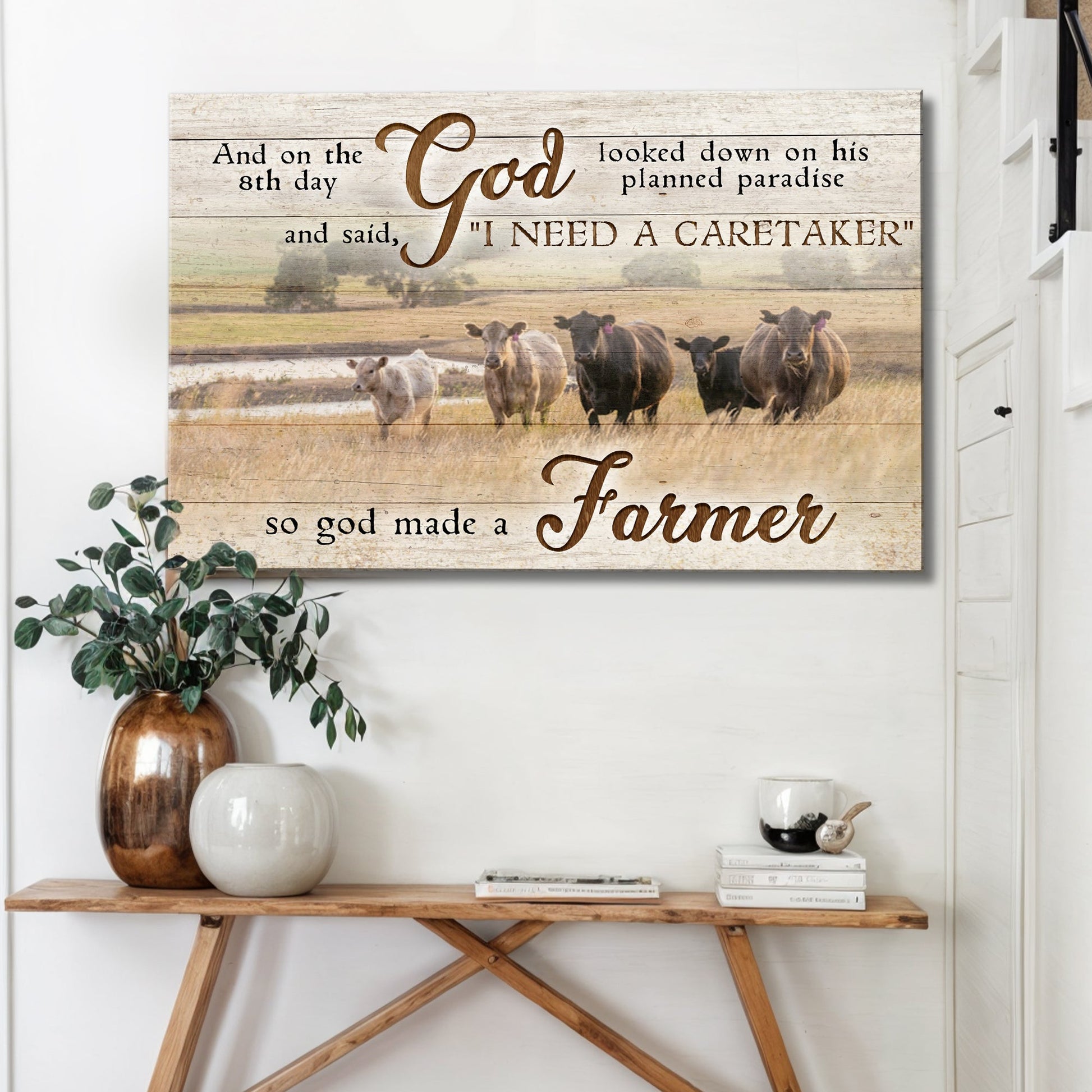 On The 8th Day God Made A Farmer Sign III canvas wood plank background cows on Tampa Home & Garden Store