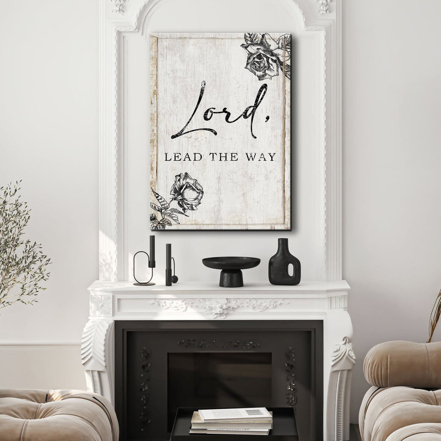 Lord Lead The Way Faith Sign canvas by Tailored Canvases weathered wood panel and black florals on Tampa Home & Garden Store